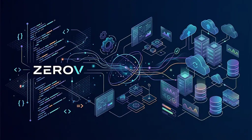 Ilustración de ZEROV: código conectado con pantallas, servidores y bases de datos